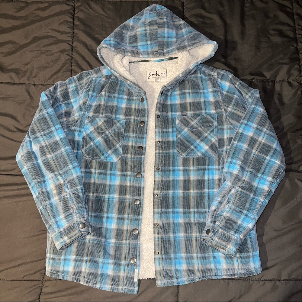 Faded Thick Hooded Blue Flannel Jacket